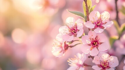 Fototapeta premium Close-up of vibrant pink cherry blossoms in warm sunlight