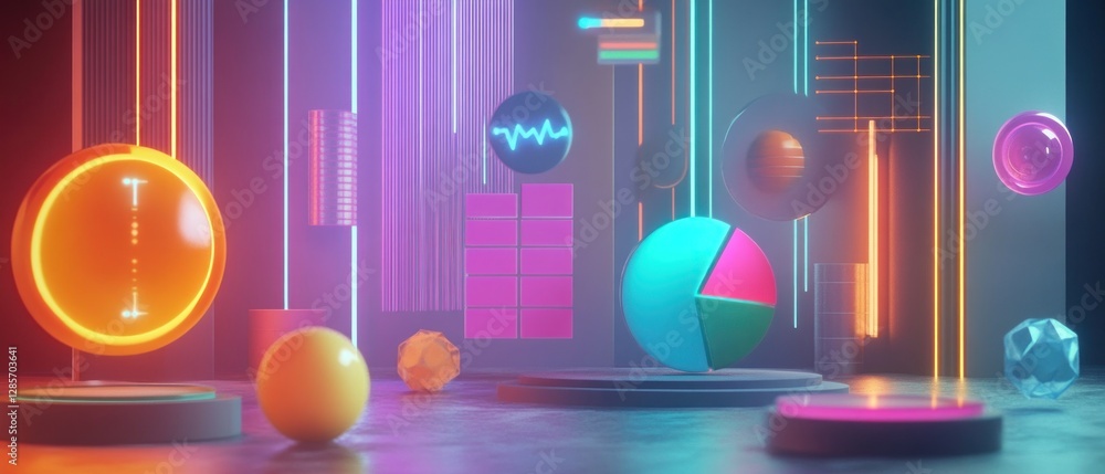 Poster a vibrant digital landscape featuring glowing geometric shapes and colorful graphs, symbolizing data