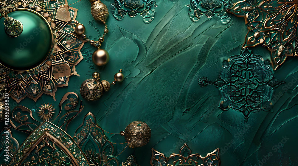 Poster intricate ornamental design featuring teal background with metallic elements and patterns