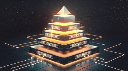 Abstract pyramid: A glowing pyramid with each layer illuminated differently, symbolizing company hierarchy, structure, and stability.