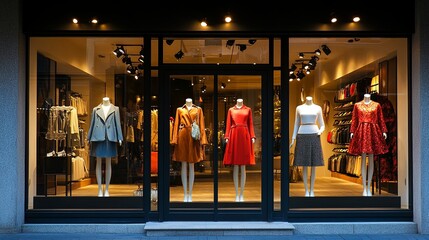 A modern boutique storefront with mannequins dressed in seasonal trends. digital