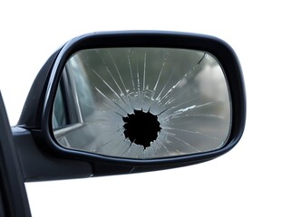Cracked side mirror of a car, showing a large hole in the center of the glass