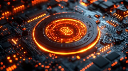 Circuit Board with glowing encryption symbol