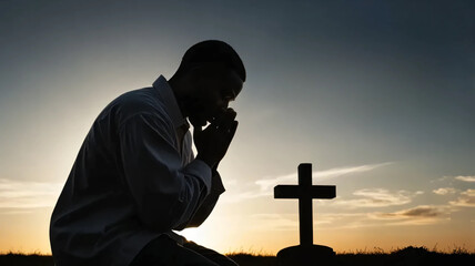 Silhouette of Man Praying with Radiant Backlight