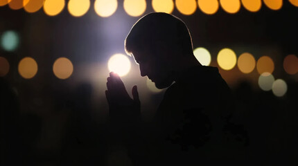 World Day of Prayer Illustration with Person Praying, Holy Light, Bold Text, and Moody Bokeh