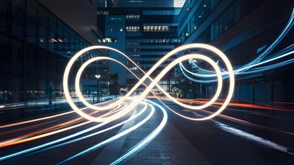 Company mission abstract: A glowing infinity symbol intertwined with light trails, representing a company's limitless potential and enduring vision.