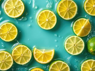 Fresh lemon and lime slices surrounded by splashing lemon juice, cocktail, healthy, organic