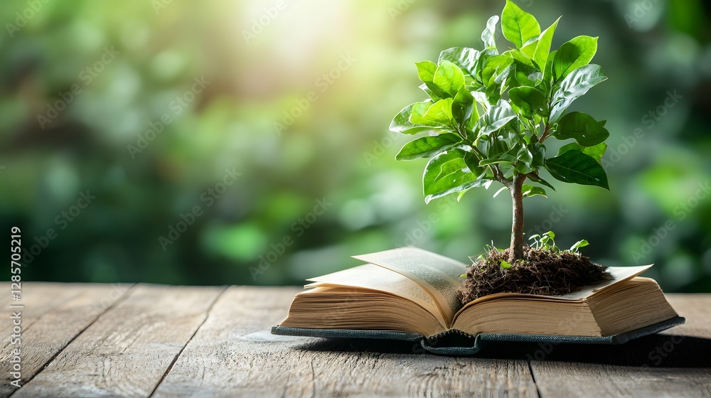 Poster photograph of an old weathered book with a tree growing from its open pages representing the growth 