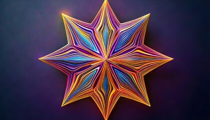 A vibrant star-shaped design features a spectrum of colors, with layers that create a 3D effect. The luminous bands of orange, purple, and blue radiate from the center against a dark background.