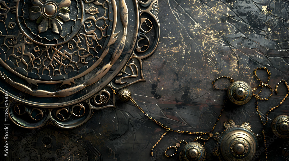 Poster intricate metallic ornamentation with detailed patterns and decorative elements on a dark surface