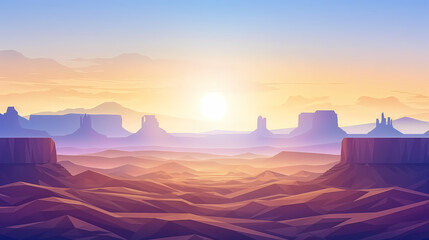 A serene desert scene displays majestic mountain formations under a bright sunrise sky, creating a sense of peace and wonder perfect for landscape or travel themes.
