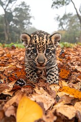 A baby jaguar cub is surrounded by butterflies in the leaves