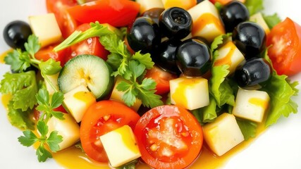 Fresh mixed salad with tomatoes, cucumbers, and black olives drizzled with olive oil and balsamic vinegar, healthy, vegetarian, balsamic vinegar