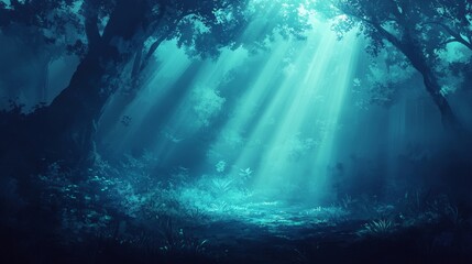 Obraz premium Sunlight streams through the trees in a mysterious, ethereal forest, creating a magical atmosphere