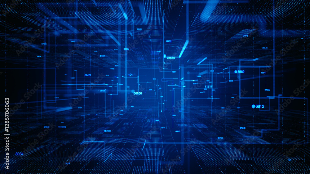 Poster Futuristic Digital Data Flow With Analytics Interface and Digital Data Network Connections. Abstract Technology Digital Environment with Analytical Elements in blue tones. 3D Rendering.