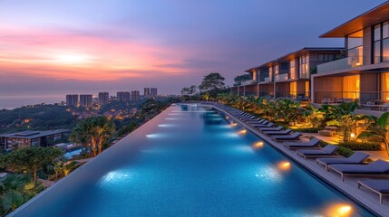 Fototapeta premium Cliffside infinity pool at sunset, luxury villas