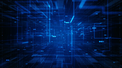 Futuristic Digital Data Flow With Analytics Interface and Digital Data Network Connections. Abstract Technology Digital Environment with Analytical Elements in blue tones. 3D Rendering.