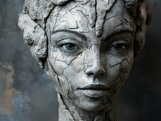 Obraz premium Stone Sculpture Woman Face Detailed Texture Close-up Artistic Image