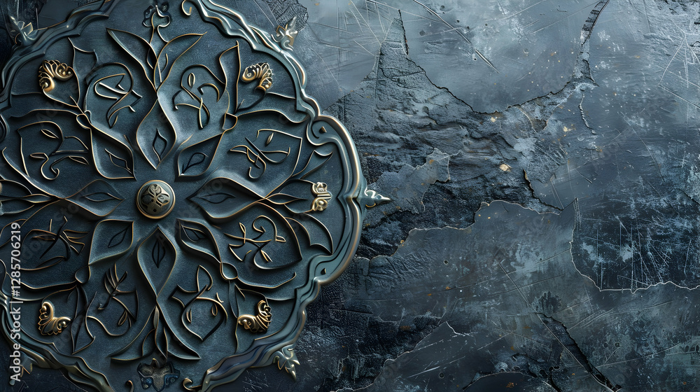 Poster ornate metallic design with intricate patterns on a textured dark surface, suitable for backgrounds