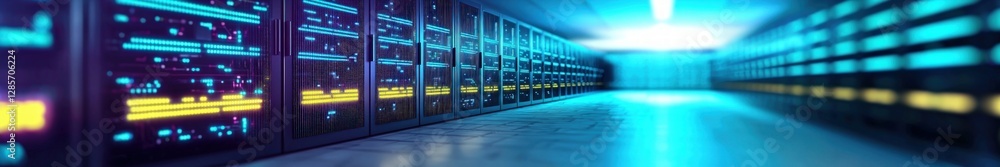 Poster futuristic data center with rows of servers and neon lights