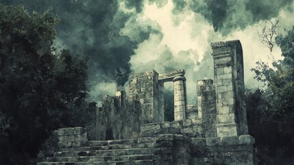 Fototapeta premium Ancient Ruins Under a Stormy Sky: A Watercolor Painting of Mysterious Stone Structures