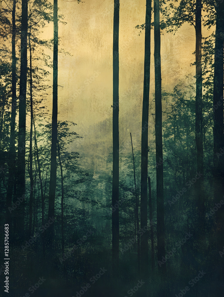 Poster misty sunrise in a dense forest highlighting tall trees and tranquil nature : generative ai