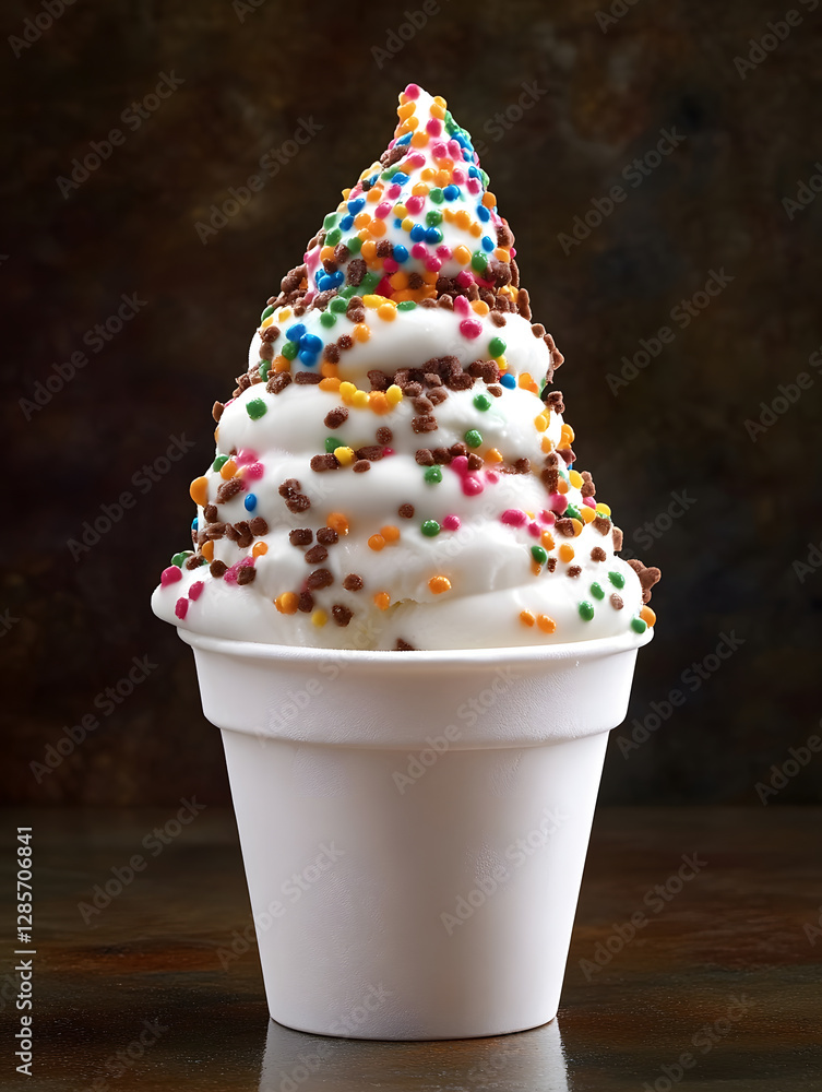 Poster frothy swirl of soft serve ice cream topped with colorful sprinkles in a white cup : generative ai