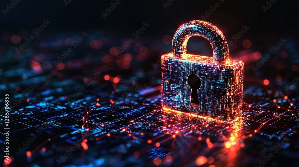 Poster a security lock positioned on a computer circuit with a glowing background effect