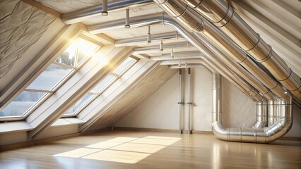 Obraz premium Sunlit Attic Room with Exposed Shiny Metal Ventilation System