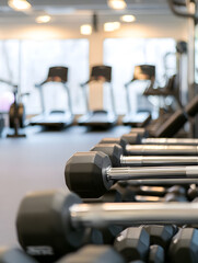 Fototapeta premium Modern fitness gym with dumbbells in foreground and treadmills in background under soft lighting : Generative AI