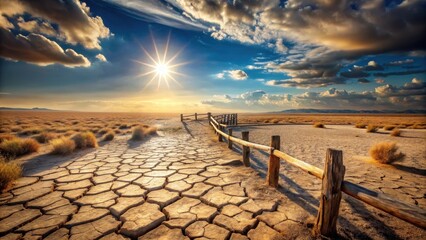 A sun-drenched path across a cracked earth plain, bordered by a rustic wooden fence, extending towards a distant horizon under a vibrant sky