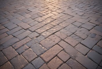 A patterned brick or stone pavement, with the bricks arranged in a diagonal herringbone pattern