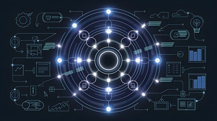 Circular flowchart: An elegant, glowing circular flowchart with interconnected nodes and arrows, representing efficient company processes and decision-making.