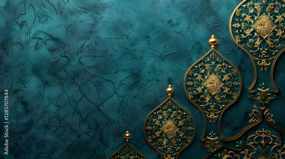 Poster ornate turquoise background with intricate gold patterns, ideal for design and artistic projects