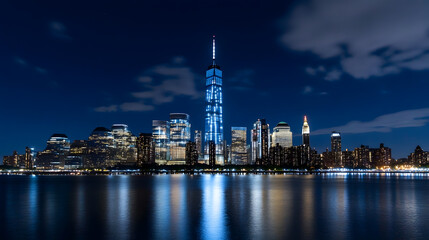 Obraz premium Illuminated Cityscape of Skyscrapers Against Night Sky with Waterfront Reflections : Generative AI