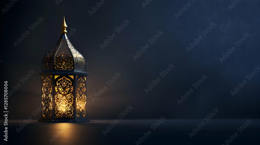 Poster ornate lantern casting warm light in a darkened space, creating an inviting atmosphere