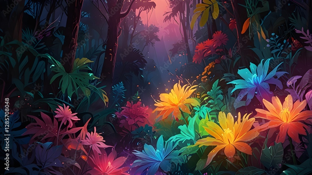 Wall mural a vibrant fantasy forest scene features an array of colorful flowers illuminated by soft, magical li