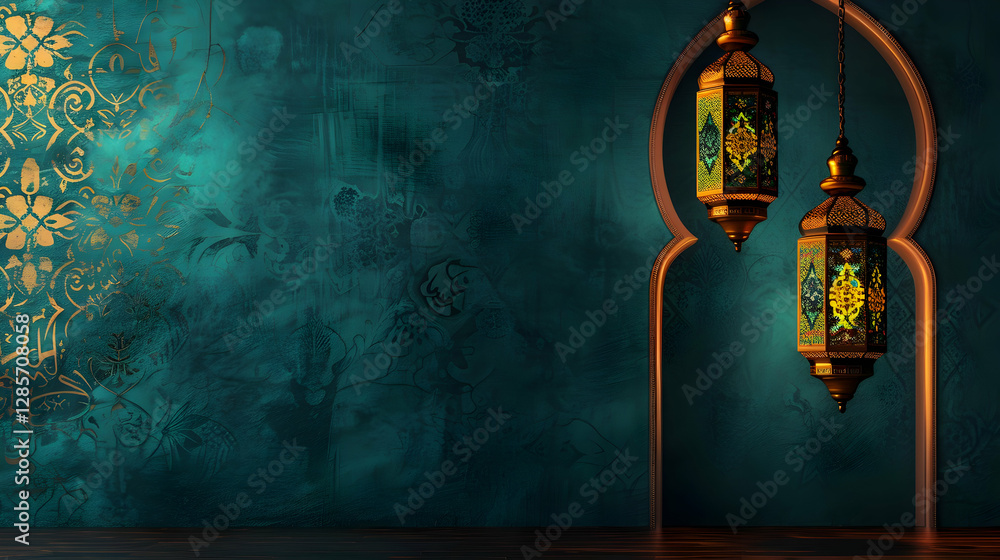 Poster elegant turquoise wall with intricate patterns and hanging lanterns in a serene indoor setting