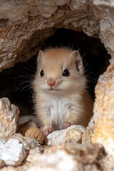 A small brown and white hamster peeking out of a hole in a rock