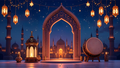 Obraz premium Night ramadan special sale promotion eid islamic mosque lantern background