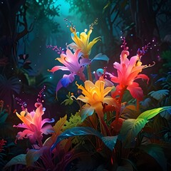 Vibrant, multicolored flowers bloom in a lush, mystical forest illuminated by soft light. The plants have a magical aura, surrounded by deep green foliage and a hint of sparkling particles in the air.