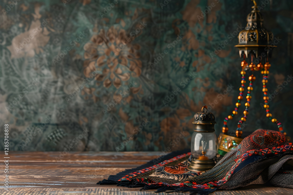 Poster ornate lantern and colorful textiles on rustic wooden table with intricate patterned background