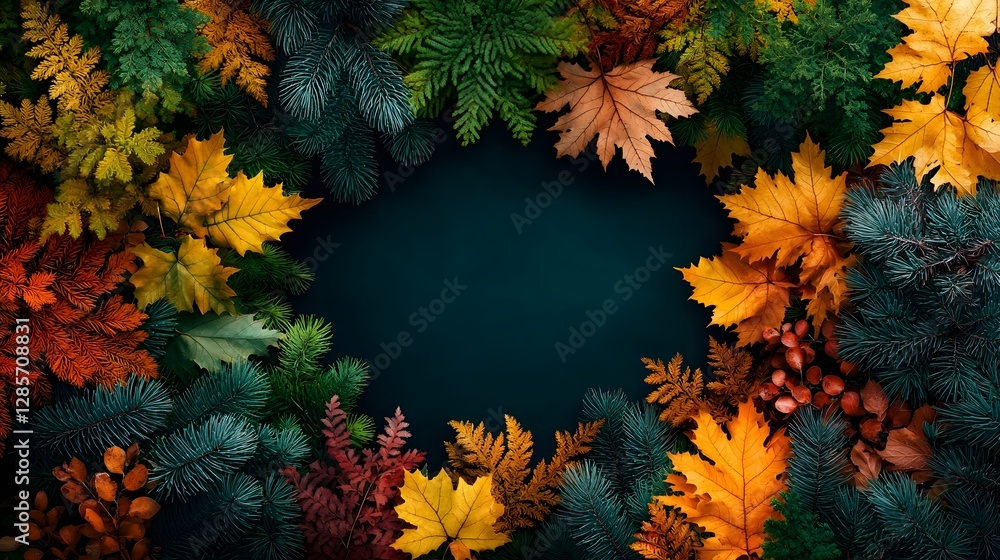 Aufkleber expansive aerial view of a pine forest in autumn with the trees displaying a stunning mix of deep gr