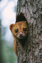 A small animal peeking out of a hole in a tree
