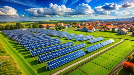 Fototapeta premium Expansive Solar Farm near Village Under a Sunny Sky