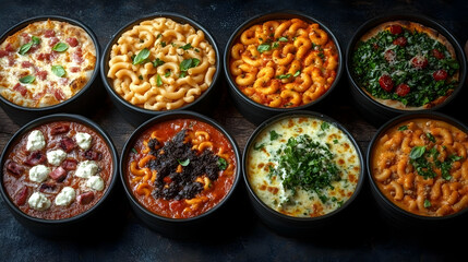 Assortment Of Baked Pasta Dishes On Dark Wooden Background