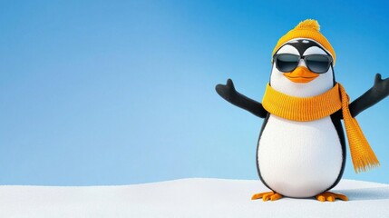 Obraz premium Cheerful Penguin in Winter Outfit with Sunglasses on Snowy Landscape