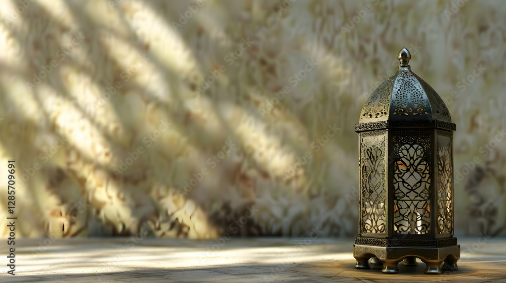 Poster decorative lantern casting intricate shadows on a textured wall, creating a serene atmosphere