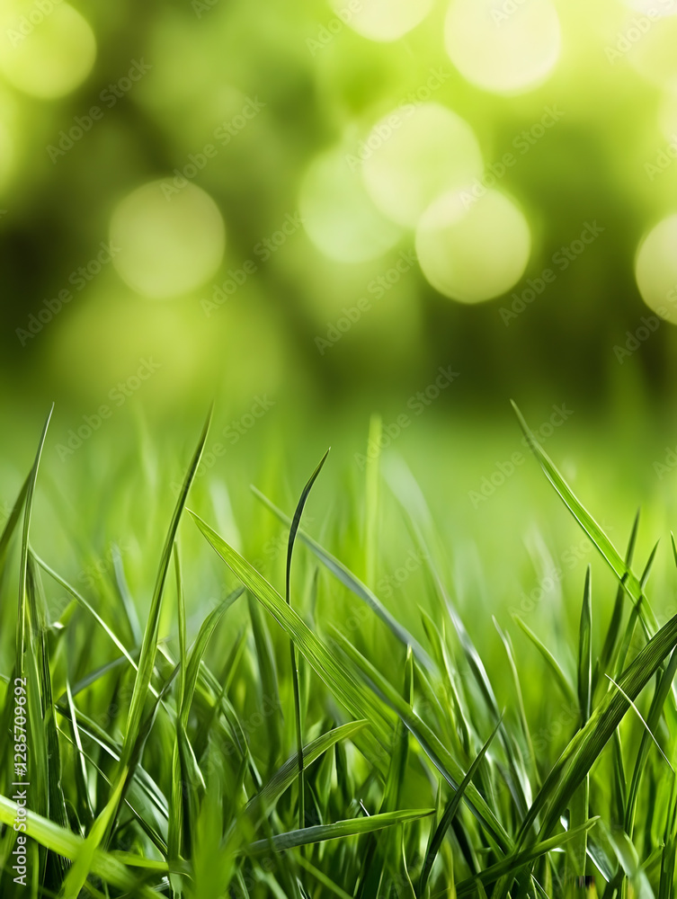 Poster vibrant green grass in sunlight creating a serene and peaceful nature background with lush foliage :