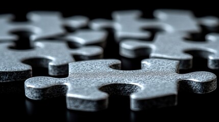 Closeup puzzle pieces, problem-solving, black background, incomplete